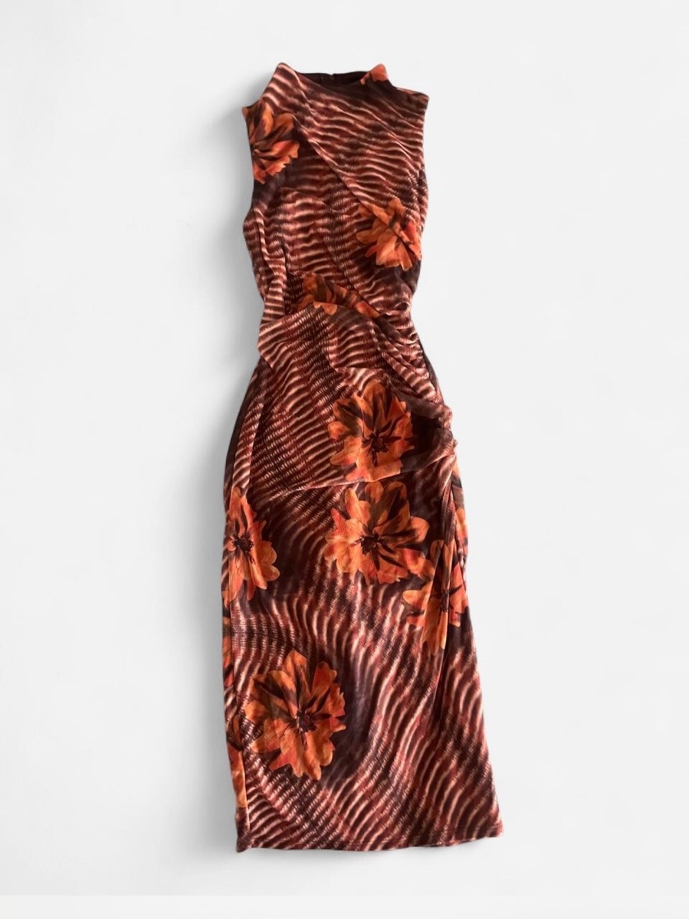 NWT Seni & Cade Orange Floral Mesh Ruched Mock Neck Bodycon Midi Dress XS